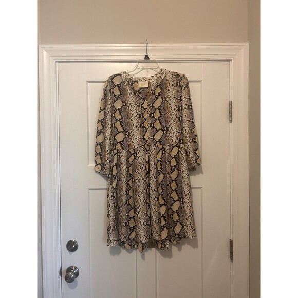Maeve Anthropologie Womens Dress Tan V Neck Python Snake Print Boho Tunic Large - Picture 1 of 7